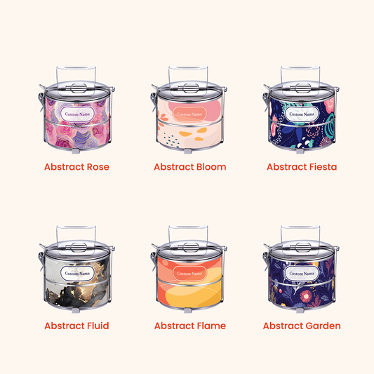 Corak Dicetak Terus (Not Sticker) — 12cm 2-Tier Abstract 01 Tiffin Carrier + FREE Custom Nama