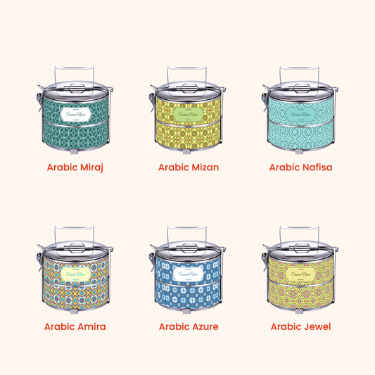 Corak Dicetak Terus (Not Sticker) — 14cm 2-Tier Arabic 01 Tiffin Carrier + FREE Custom Nama