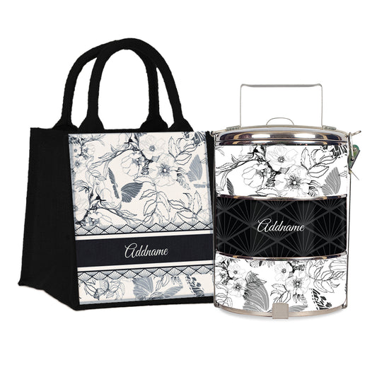 Teezbee.com - Wild Rose Artline Series 3-Tier Standard Small 12cm Tiffin Carrier & Jute Bag (Black | Signature)