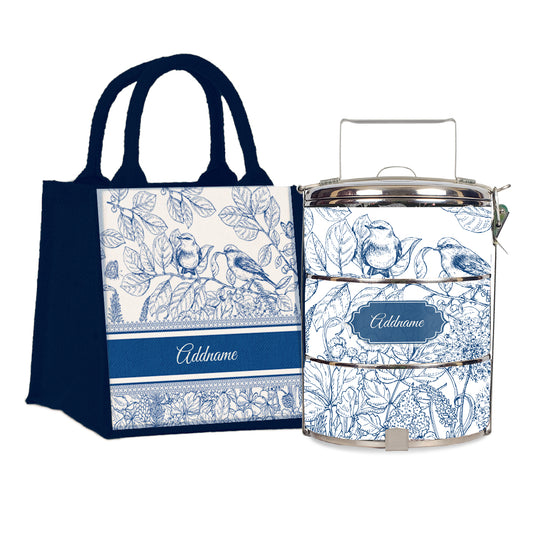 Song Birds Artline Series 3-Tier Standard Small 12cm Tiffin Carrier & Jute Bag (Navy | Signature)
