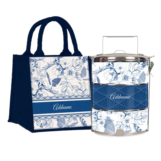 Teezbee.com - Wild Rose Artline Series 3-Tier Standard Small 12cm Tiffin Carrier & Jute Bag (Navy | Signature)