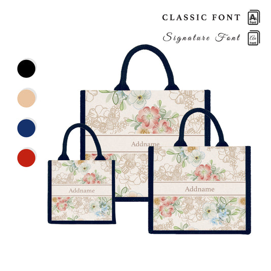 Teezbee.com - Abstract Fleur Flora Series Jute Tote Bag (Navy)