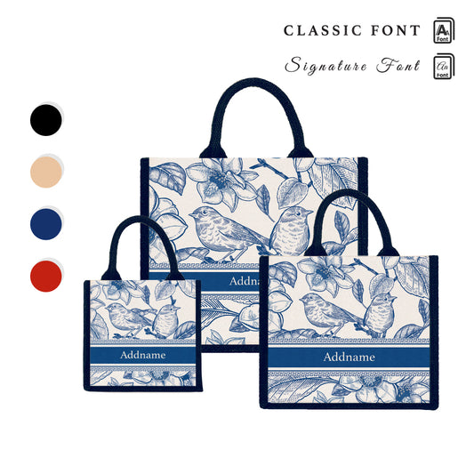 Teezbee.com - Vintage Birds Artline Series Jute Tote Bag (Navy)