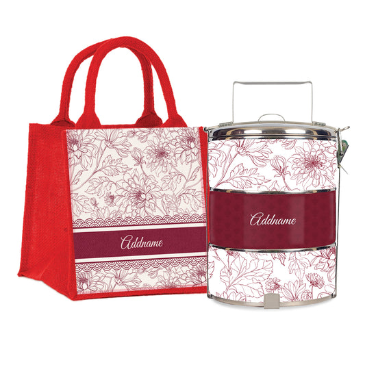 Teezbee.com - Chrysanths Artline Series 3-Tier Standard Small 12cm Tiffin Carrier & Jute Bag (Red | Signature)