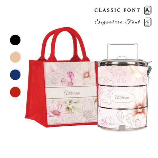 Floral Verse Flora Series 3-Tier Standard Small 12cm Tiffin Carrier & Jute Bag