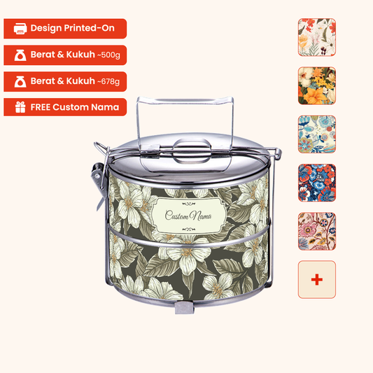 Corak Dicetak Terus (Not Sticker) — 14cm 2-Tier Floral 03 Tiffin Carrier + FREE Custom Nama