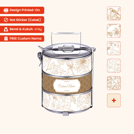 Corak Dicetak Terus (Not Sticker) 14cm 3-Tier Artline Natural 01 Tiffin Carrier + FREE Custom Nama for Mangkuk Tingkat