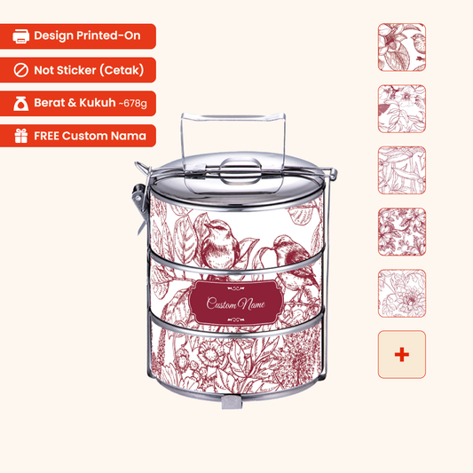 Corak Dicetak Terus (Not Sticker) 14cm 3-Tier Artline Red 01 Tiffin Carrier + FREE Custom Nama for Mangkuk Tingkat