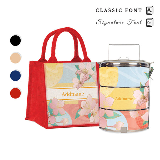 Zen Blossom Oriental Series 3-Tier Standard Medium 12cm Tiffin Carrier & Jute Bag