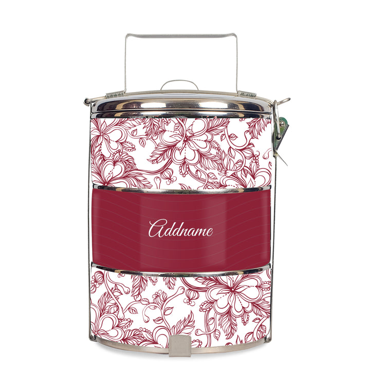 Teezbee.com - Floral Artline Series 3-Tier Standard Small 12cm Tiffin Carrier (Red | Signature)