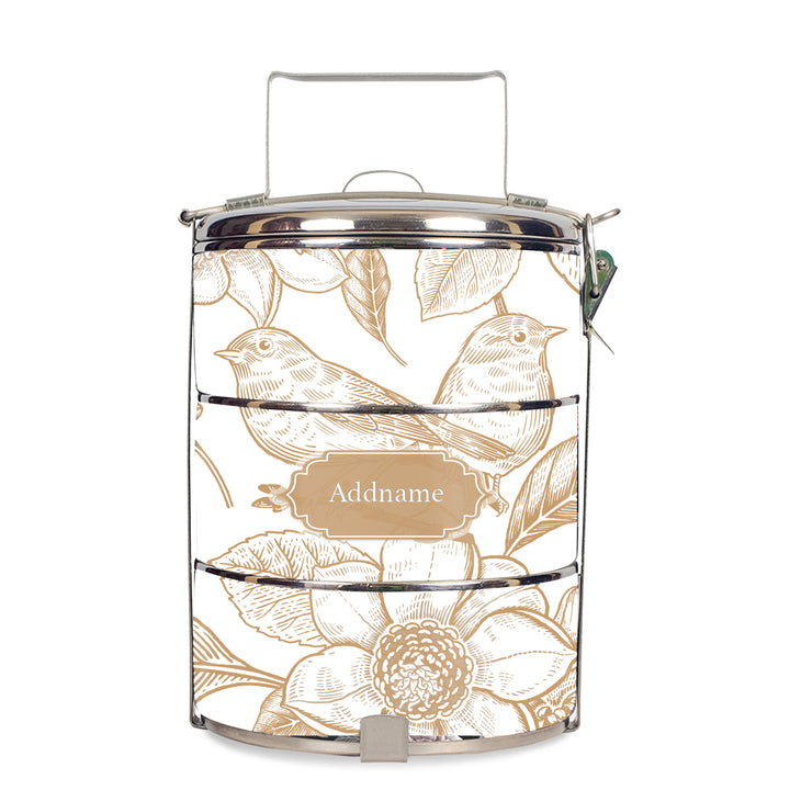 Vintage Birds Artline Series 3-Tier Standard Medium 14cm Tiffin Carrier (Natural | Classic)
