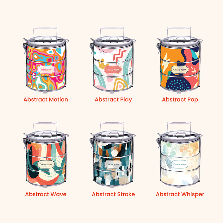 12cm 3-Tier Abstract 01 Tiffin Carrier — Design Cetakan Terus (Not Sticker) + Custom Nama Percuma