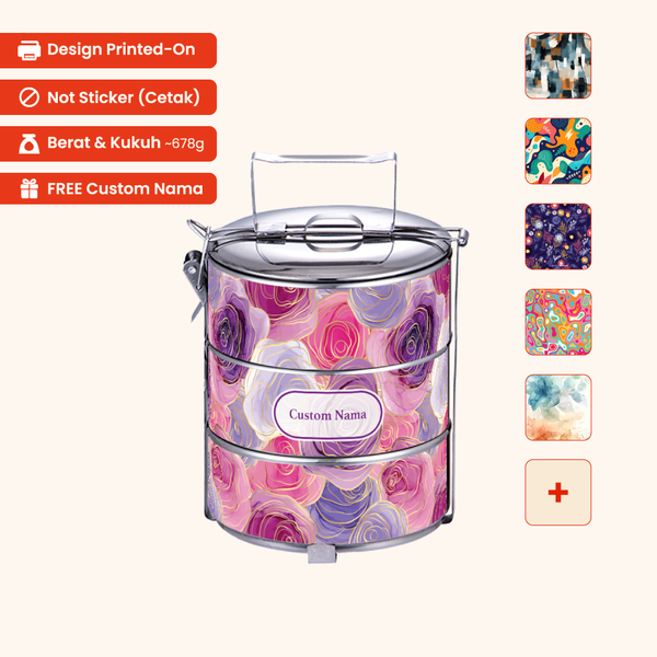 14cm 3-Tier Abstract Tiffin Carrier — Design Cetakan Terus (Not Sticker) + Custom Nama Percuma