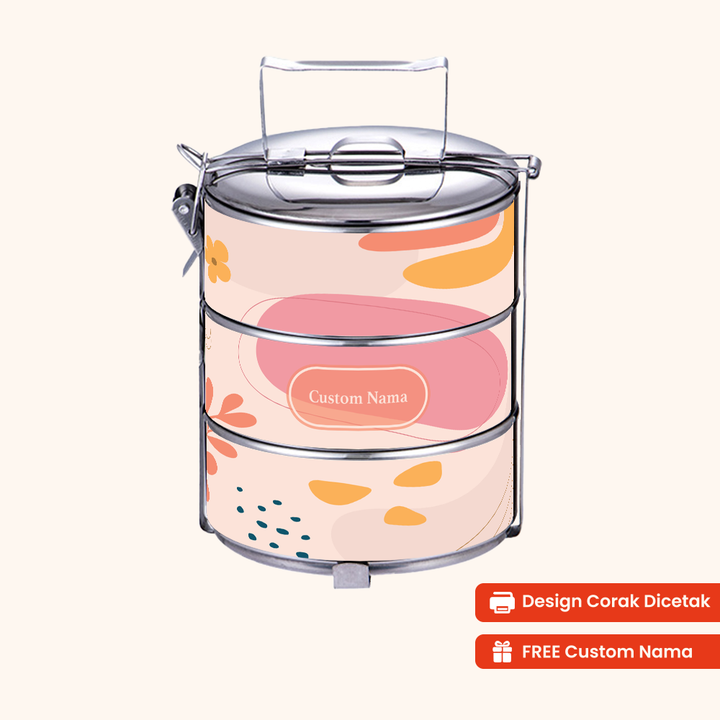 14cm 3-Tier Abstract Bloom Tiffin Carrier — Design Cetakan Terus (Not Sticker) + Custom Nama Percuma