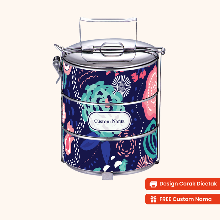 14cm 3-Tier Abstract Fiesta Tiffin Carrier — Design Cetakan Terus (Not Sticker) + Custom Nama Percuma