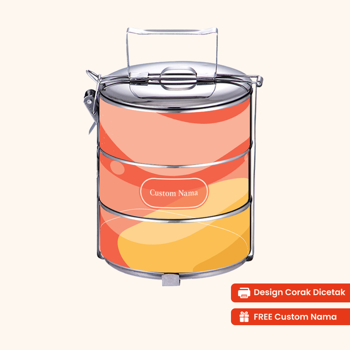 14cm 3-Tier Abstract Flame Tiffin Carrier — Design Cetakan Terus (Not Sticker) + Custom Nama Percuma