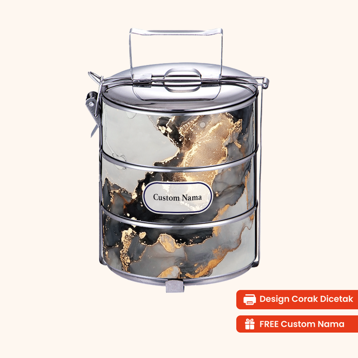 12cm 3-Tier Abstract Fluid Tiffin Carrier — Design Cetakan Terus (Not Sticker) + Custom Nama Percuma