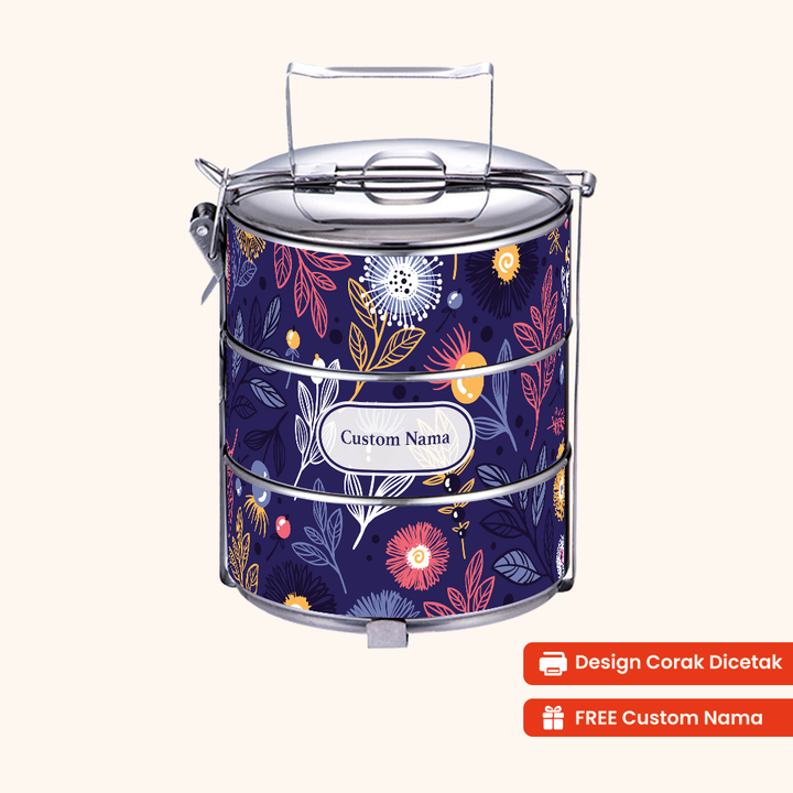 12cm 3-Tier Abstract Garden Tiffin Carrier — Design Cetakan Terus (Not Sticker) + Custom Nama Percuma