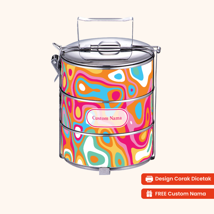 12cm 3-Tier Abstract Motion Tiffin Carrier — Design Cetakan Terus (Not Sticker) + Custom Nama Percuma