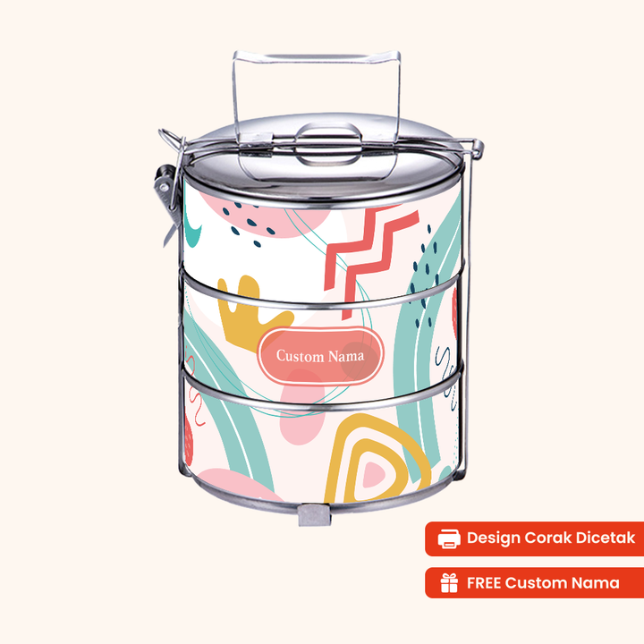 12cm 3-Tier Abstract Play Tiffin Carrier — Design Cetakan Terus (Not Sticker) + Custom Nama Percuma