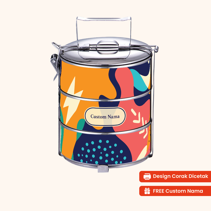 12cm 3-Tier Abstract Pop Tiffin Carrier — Design Cetakan Terus (Not Sticker) + Custom Nama Percuma