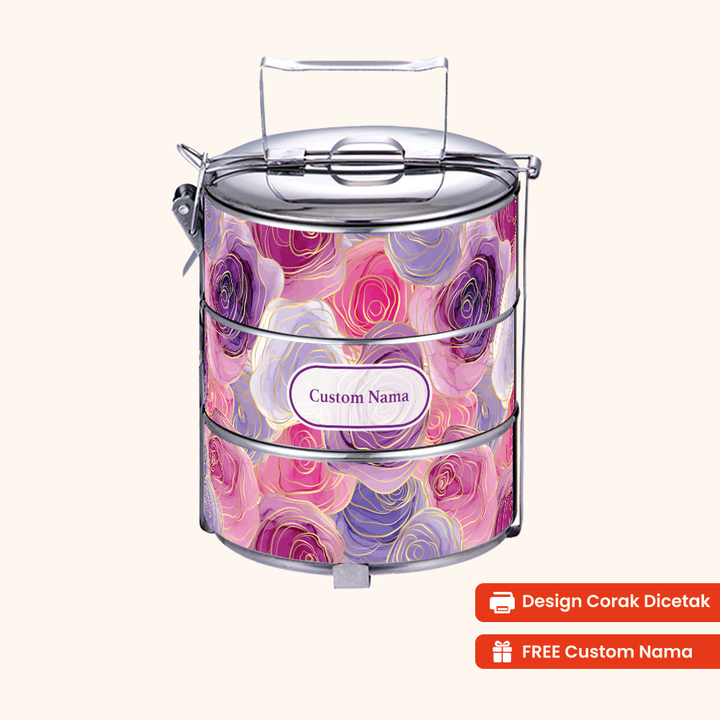 12cm 3-Tier Abstract Rose Tiffin Carrier — Design Cetakan Terus (Not Sticker) + Custom Nama Percuma
