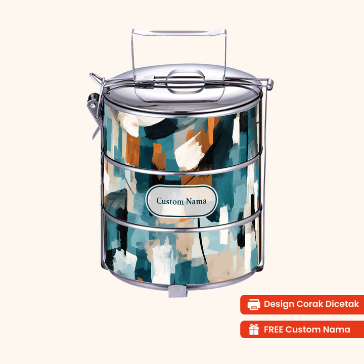 14cm 3-Tier Abstract Stroke Tiffin Carrier — Design Cetakan Terus (Not Sticker) + Custom Nama Percuma