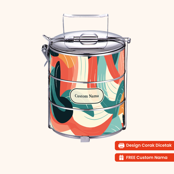 14cm 3-Tier Abstract Wave Tiffin Carrier — Design Cetakan Terus (Not Sticker) + Custom Nama Percuma