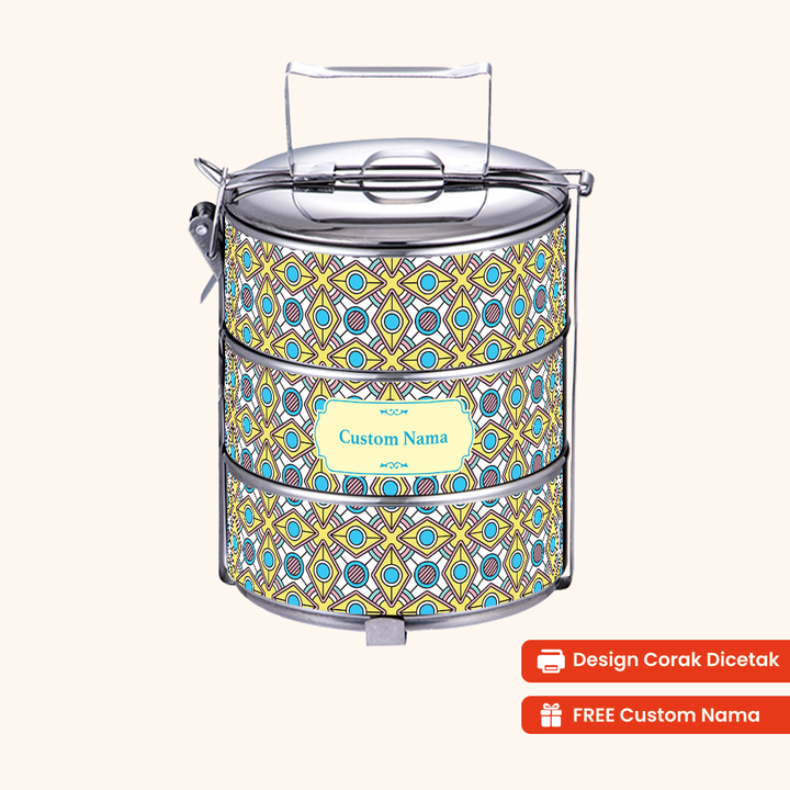 Corak Dicetak Terus (Not Sticker) — 14cm 3-Tier Arabic Amira Tiffin Carrier + FREE Custom Nama