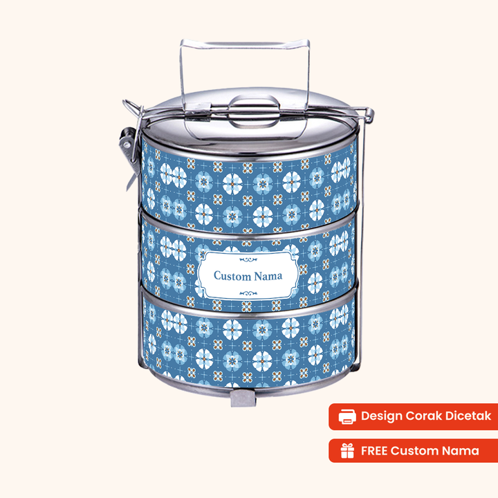 Corak Dicetak Terus (Not Sticker) — 14cm 3-Tier Arabic Azure Tiffin Carrier + FREE Custom Nama