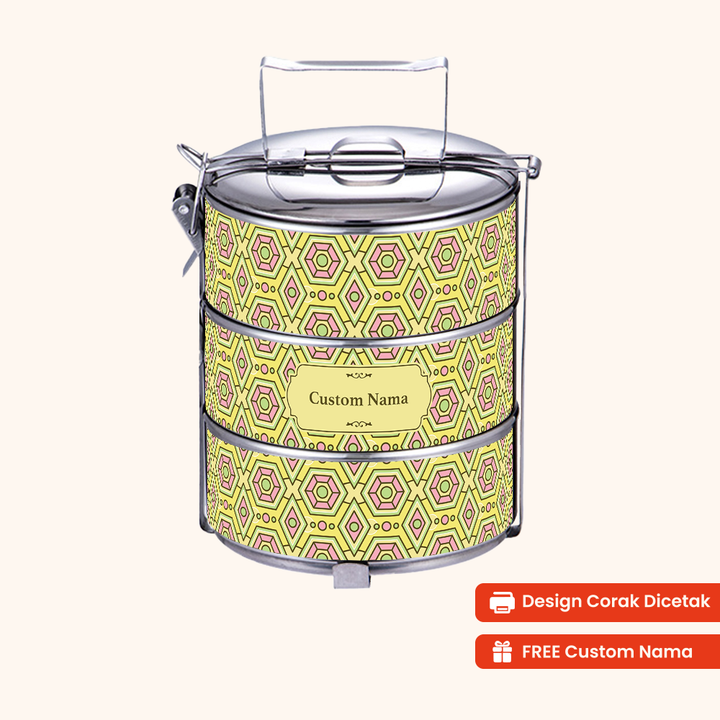 Corak Dicetak Terus (Not Sticker) — 14cm 3-Tier Arabic Jewel Tiffin Carrier + FREE Custom Nama