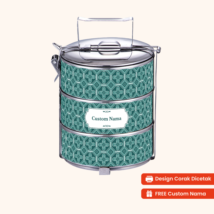 Corak Dicetak Terus (Not Sticker) — 14cm 3-Tier Arabic Miraj Tiffin Carrier + FREE Custom Nama