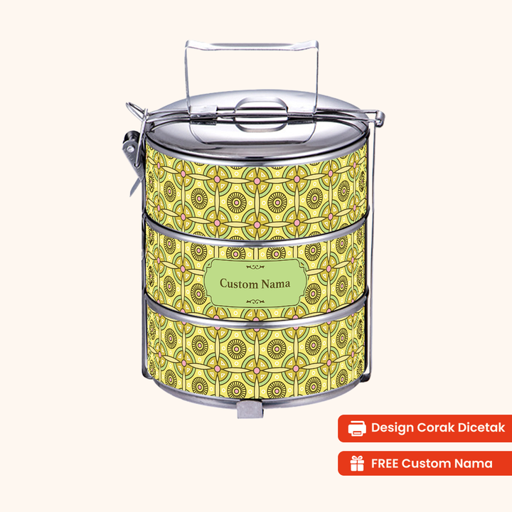 Corak Dicetak Terus (Not Sticker) — 14cm 3-Tier Arabic Mizan Tiffin Carrier + FREE Custom Nama