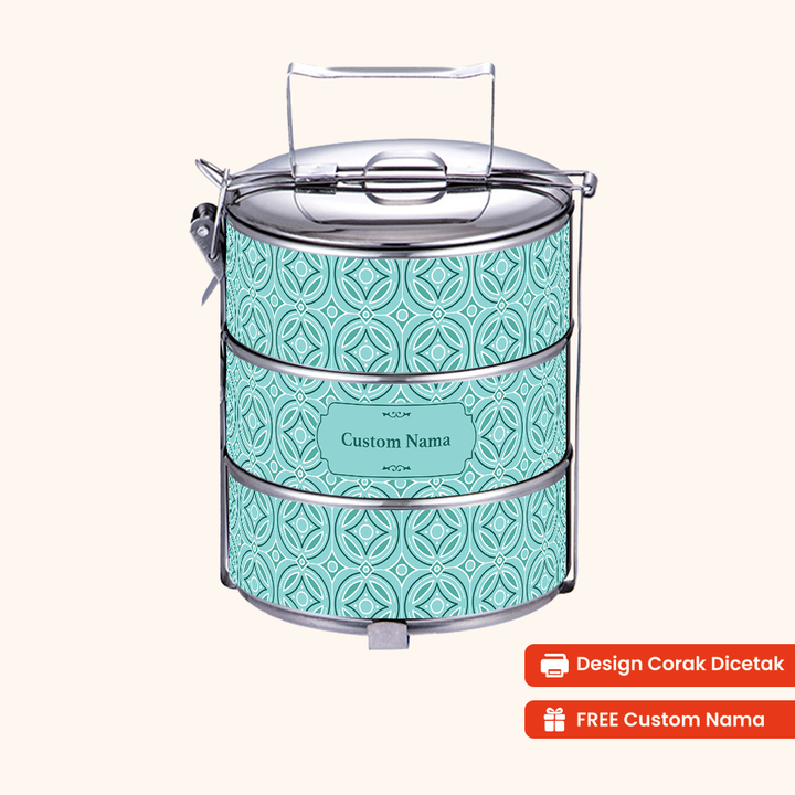 Corak Dicetak Terus (Not Sticker) — 14cm 3-Tier Arabic Nafisa Tiffin Carrier + FREE Custom Nama