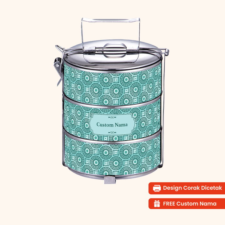 Corak Dicetak Terus (Not Sticker) — 14cm 3-Tier Arabic Naseem Tiffin Carrier + FREE Custom Nama