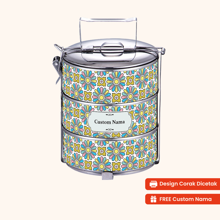 Corak Dicetak Terus (Not Sticker) — 14cm 3-Tier Arabic Rumi Tiffin Carrier + FREE Custom Nama