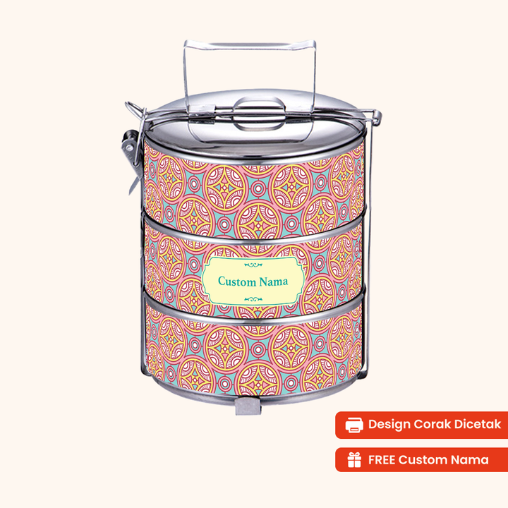 Corak Dicetak Terus (Not Sticker) — 14cm 3-Tier Arabic Safiya Tiffin Carrier + FREE Custom Nama