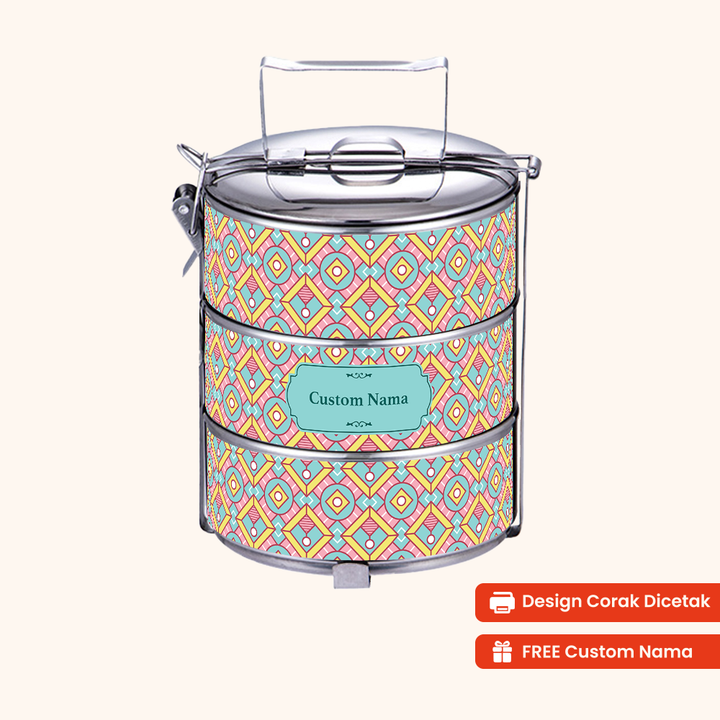 Corak Dicetak Terus (Not Sticker) — 14cm 3-Tier Arabic Soraya Tiffin Carrier + FREE Custom Nama