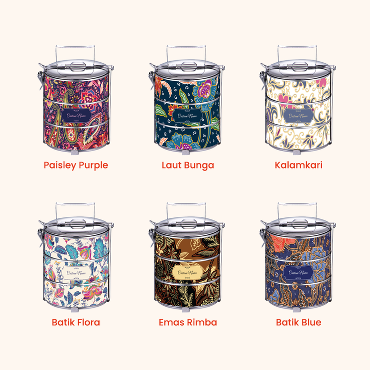 12cm 3-Tier Batik 01 Tiffin Carrier — Design Cetakan Terus (Not Sticker) + Custom Nama Percuma