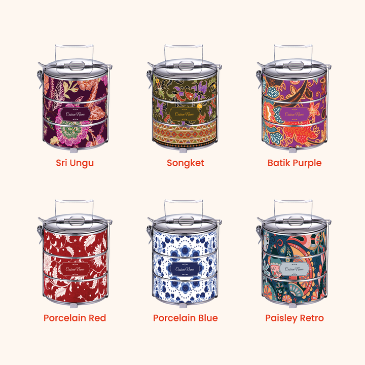 12cm 3-Tier Batik 01 Tiffin Carrier — Design Cetakan Terus (Not Sticker) + Custom Nama Percuma