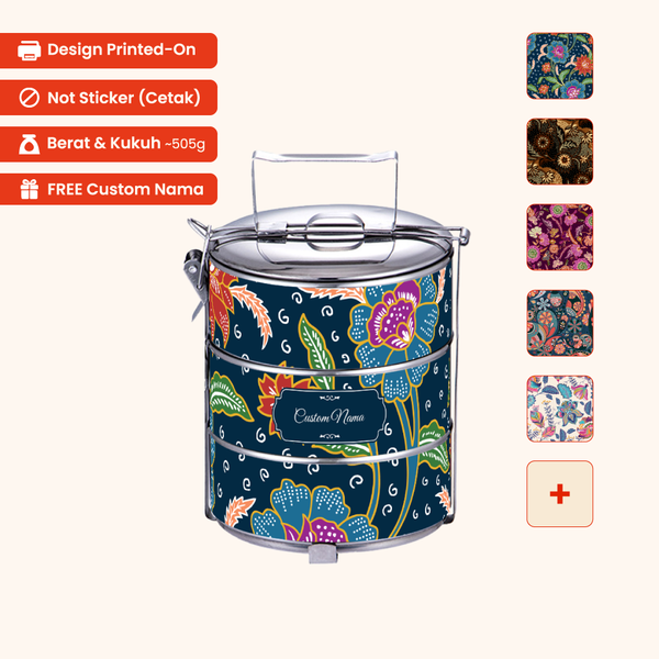 12cm 3-Tier Batik 01 Tiffin Carrier — Design Cetakan Terus (Not Sticker) + Custom Nama Percuma