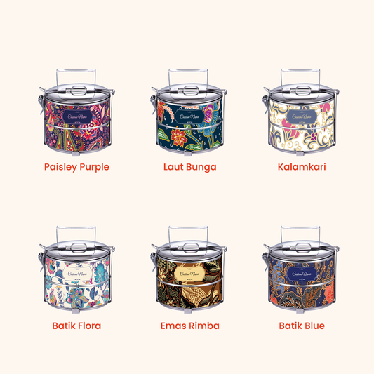 Corak Dicetak Terus (Not Sticker) — 12cm 2-Tier Batik 01 Tiffin Carrier + FREE Custom Nama