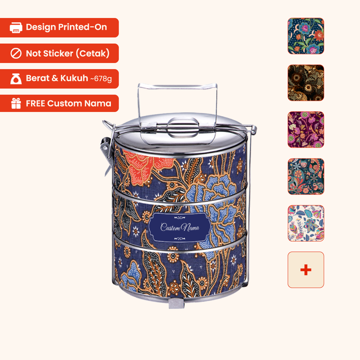 14cm 3-Tier Batik Tiffin Carrier — Design Cetakan Terus (Not Sticker) + Custom Nama Percuma