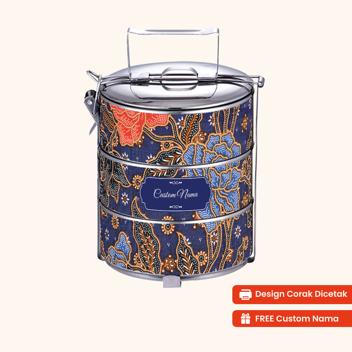 14cm 3-Tier Batik Blue Tiffin Carrier — Design Cetakan Terus (Not Sticker) + Custom Nama Percuma