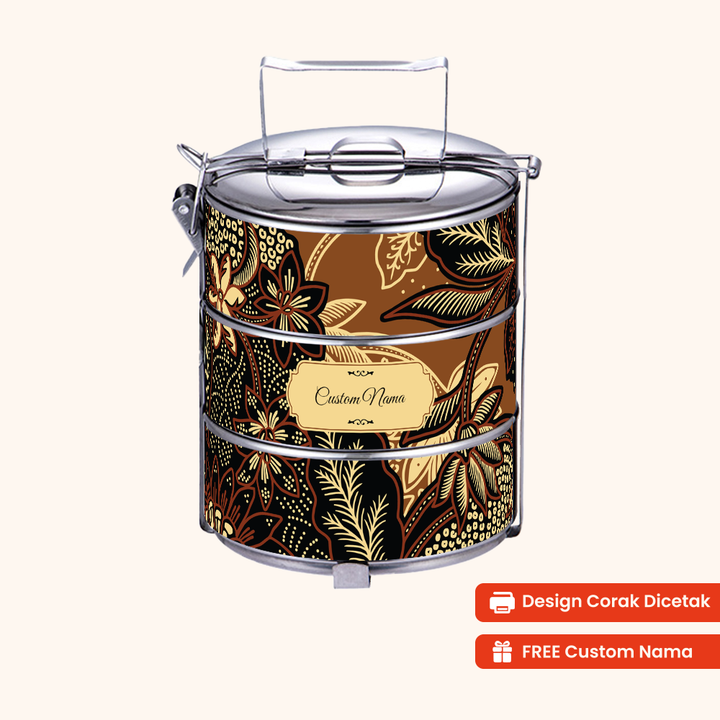 12cm 3-Tier Batik Emas Rimba Tiffin Carrier — Design Cetakan Terus (Not Sticker) + Custom Nama Percuma