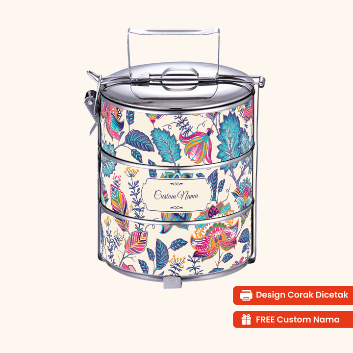 14cm 3-Tier Batik Flora Tiffin Carrier — Design Cetakan Terus (Not Sticker) + Custom Nama Percuma