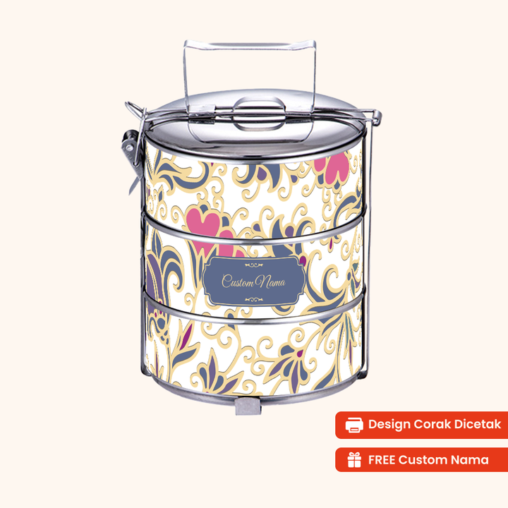 14cm 3-Tier Batik Kalamkari Tiffin Carrier — Design Cetakan Terus (Not Sticker) + Custom Nama Percuma