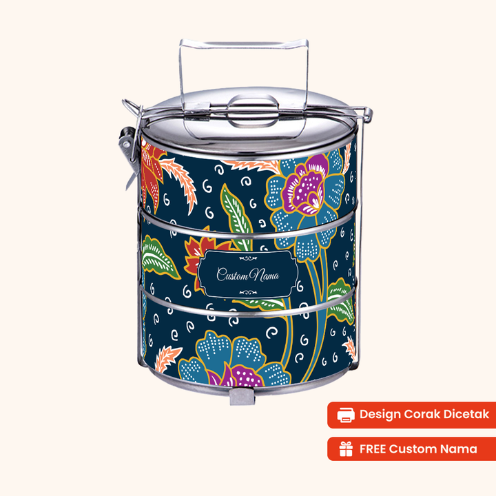 14cm 3-Tier Batik Laut Bunga Tiffin Carrier — Design Cetakan Terus (Not Sticker) + Custom Nama Percuma