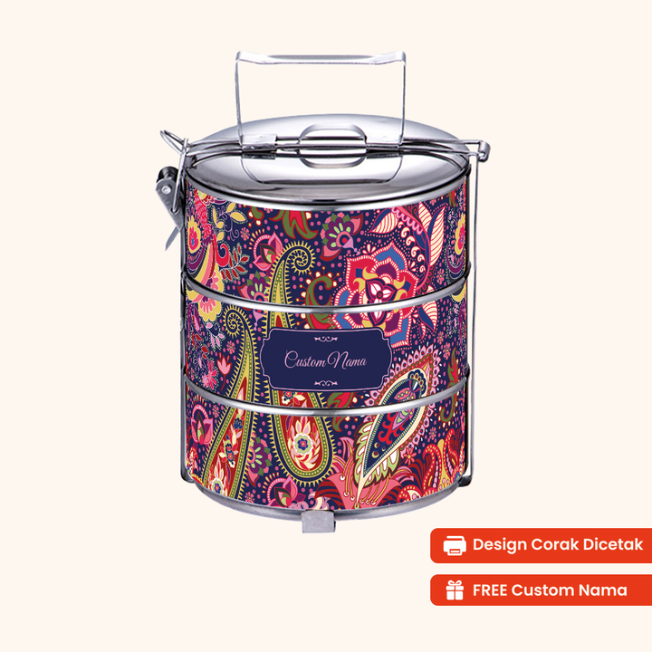 14cm 3-Tier Batik Paisley Purple Tiffin Carrier — Design Cetakan Terus (Not Sticker) + Custom Nama Percuma