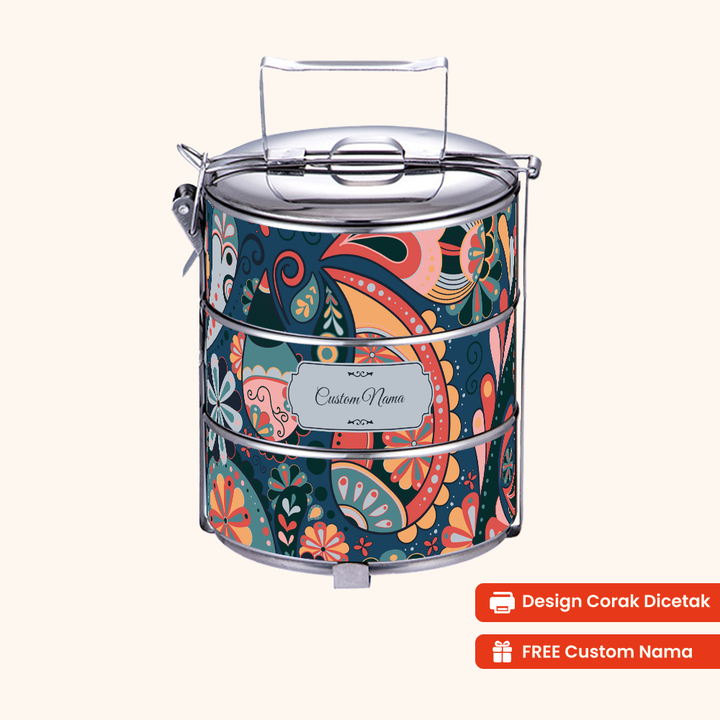 12cm 3-Tier Batik Paisley Purple Tiffin Carrier — Design Cetakan Terus (Not Sticker) + Custom Nama Percuma
